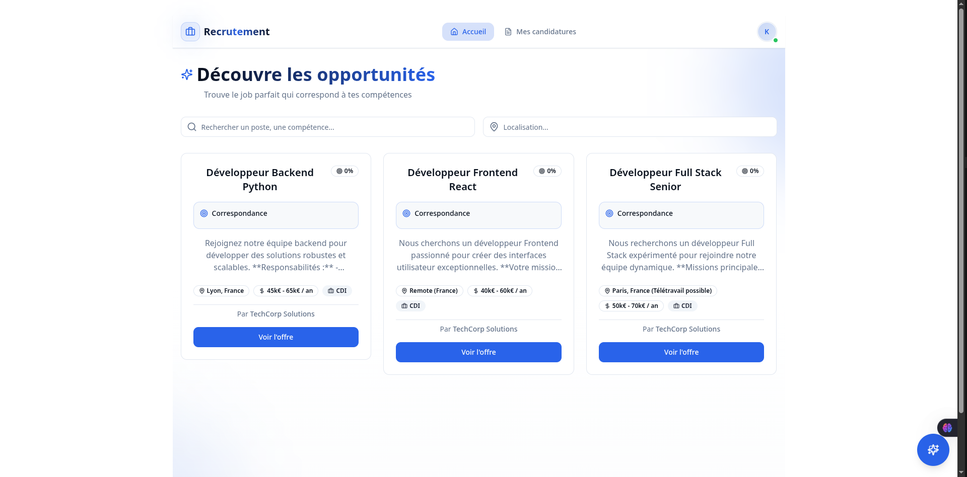 Plateforme Recrutement - Tableau de bord étudiant