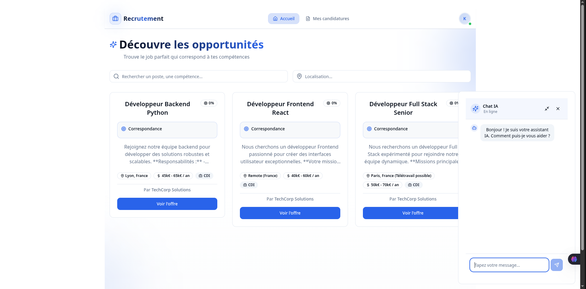 Plateforme Recrutement - Tableau de bord avec chat IA