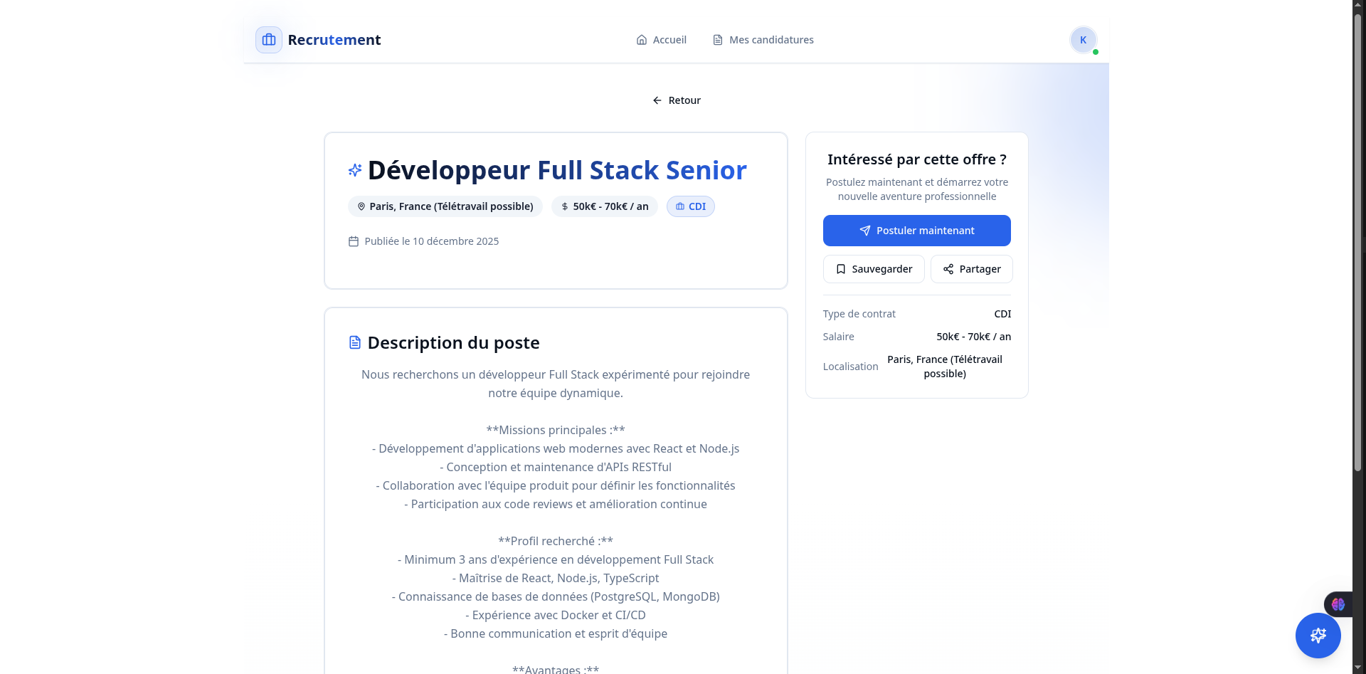 Plateforme Recrutement - Détail d'offre
