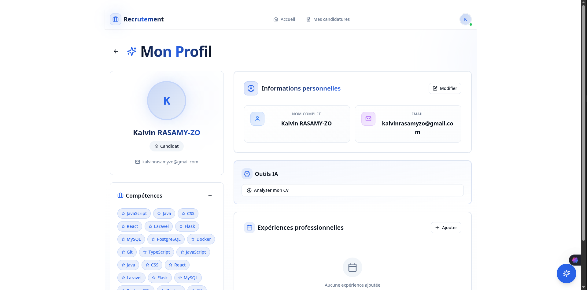 Plateforme Recrutement - Profil étudiant