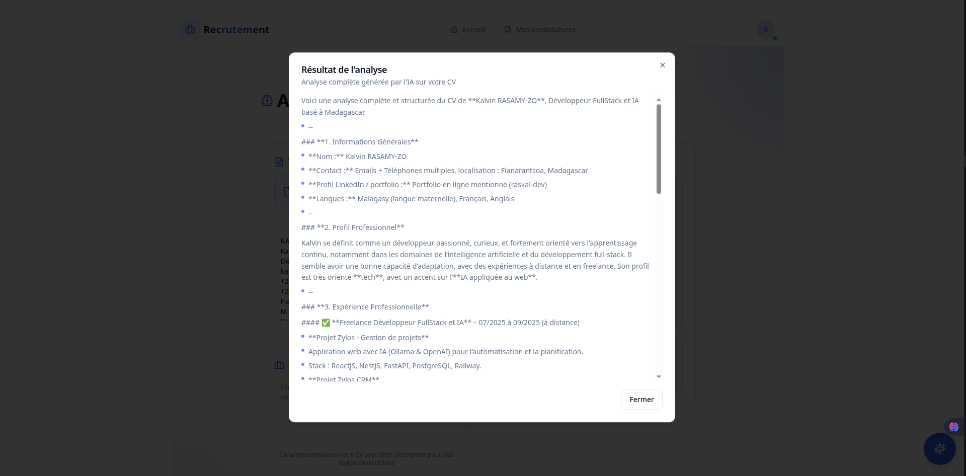 Plateforme Recrutement - Résultat d'analyse