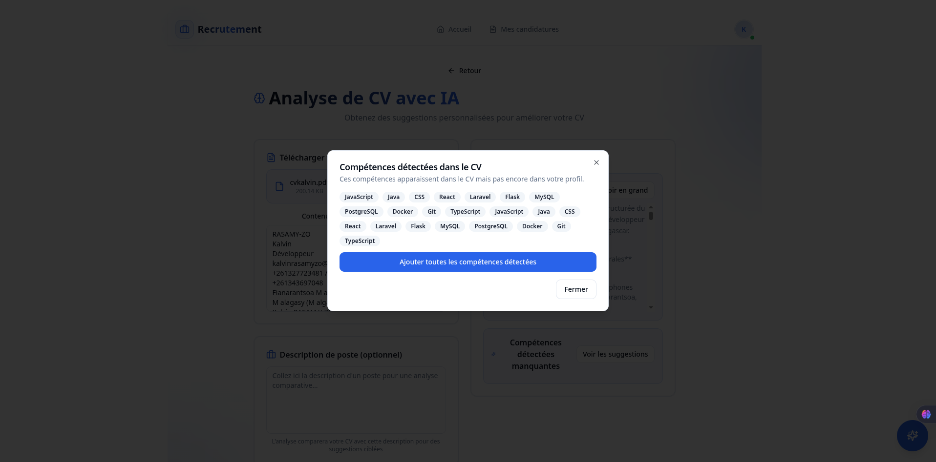 Plateforme Recrutement - Suggestions de compétences