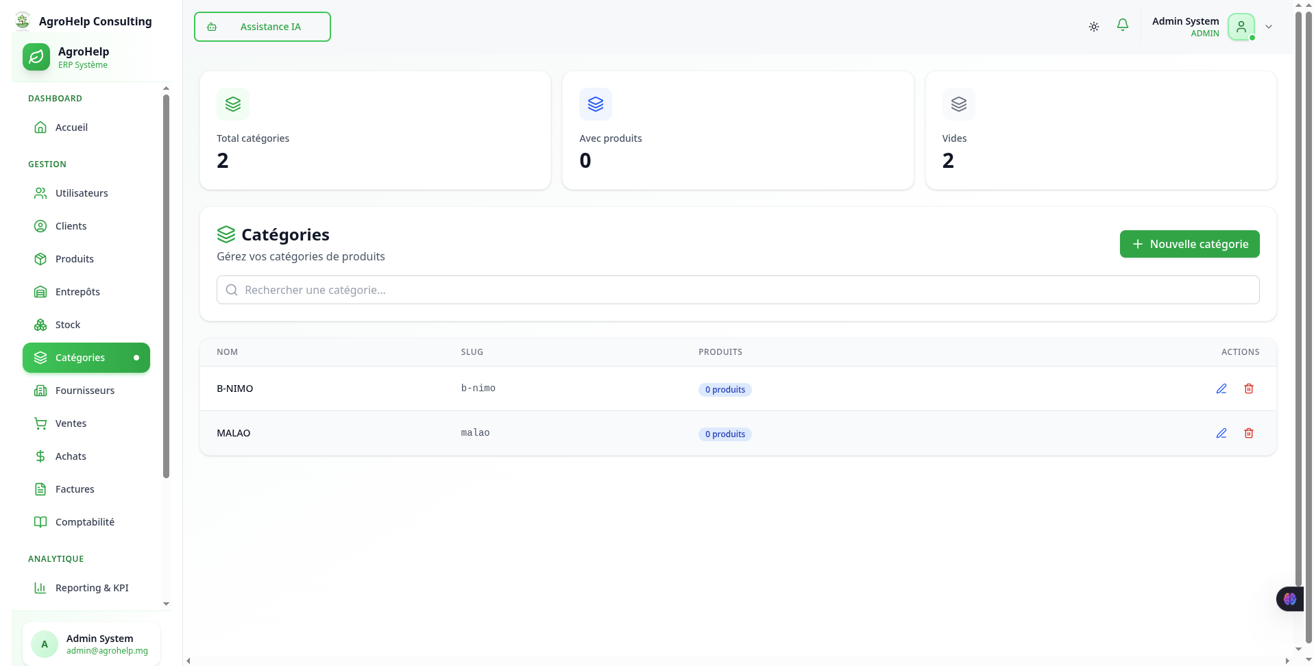 ERP AgroHelp Consulting - Liste categories