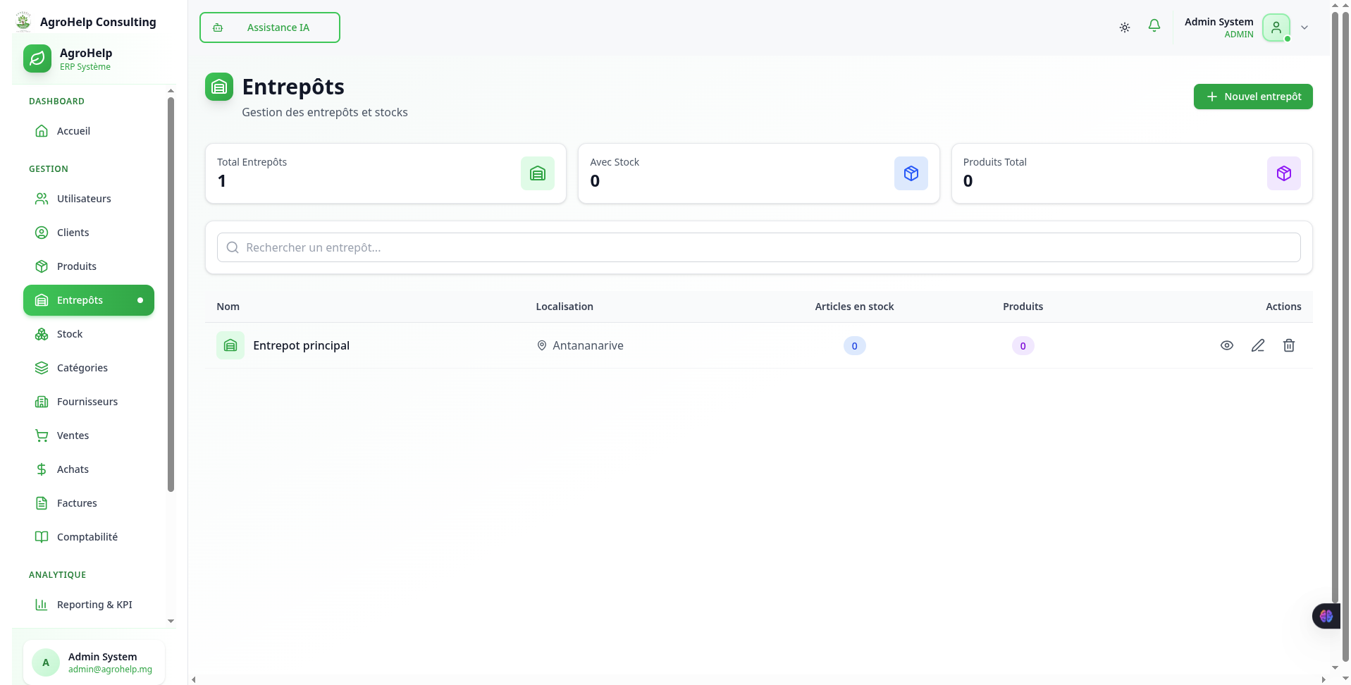 ERP AgroHelp Consulting - Liste entrepots