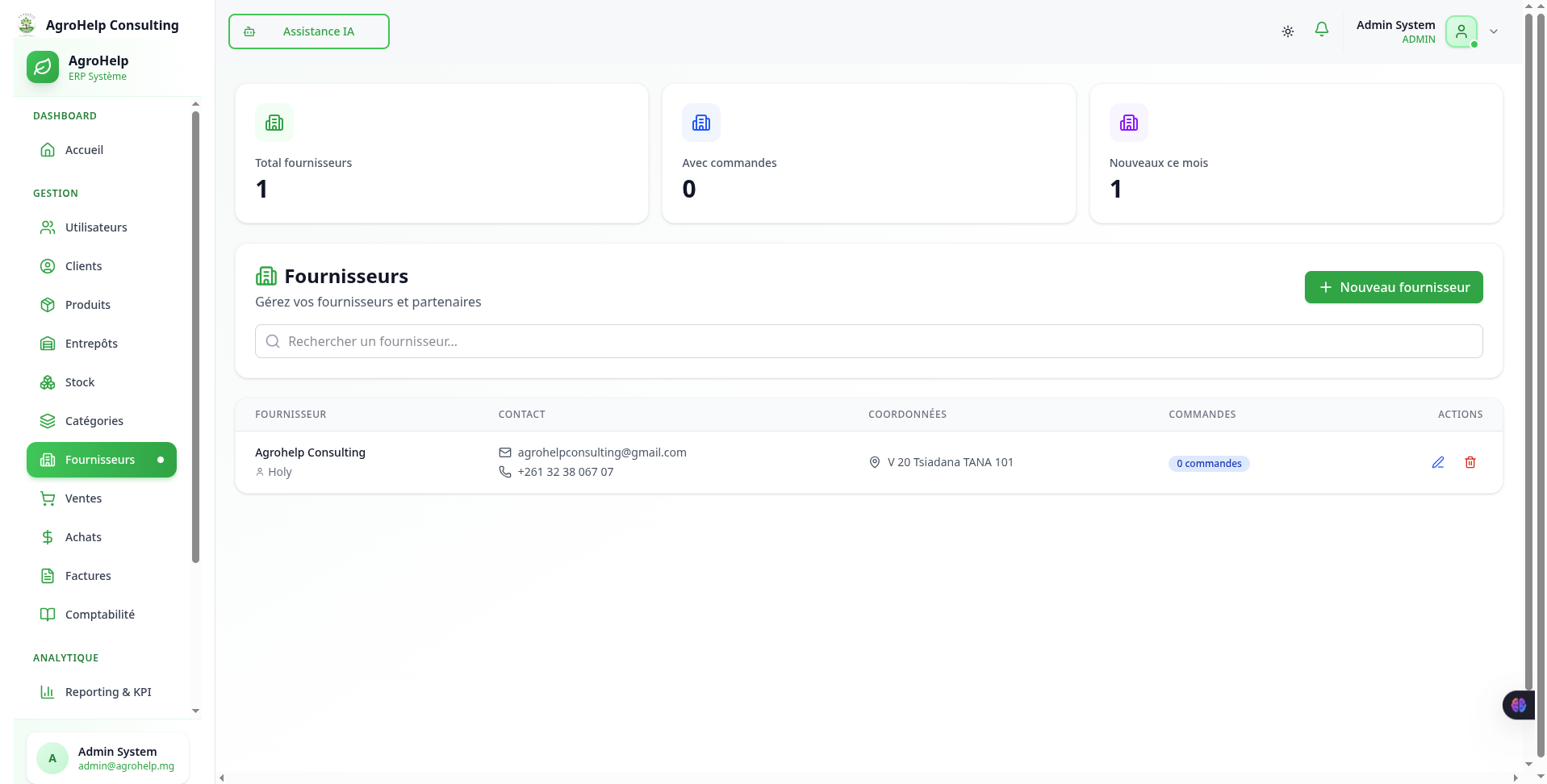 ERP AgroHelp Consulting - Liste fournisseurs