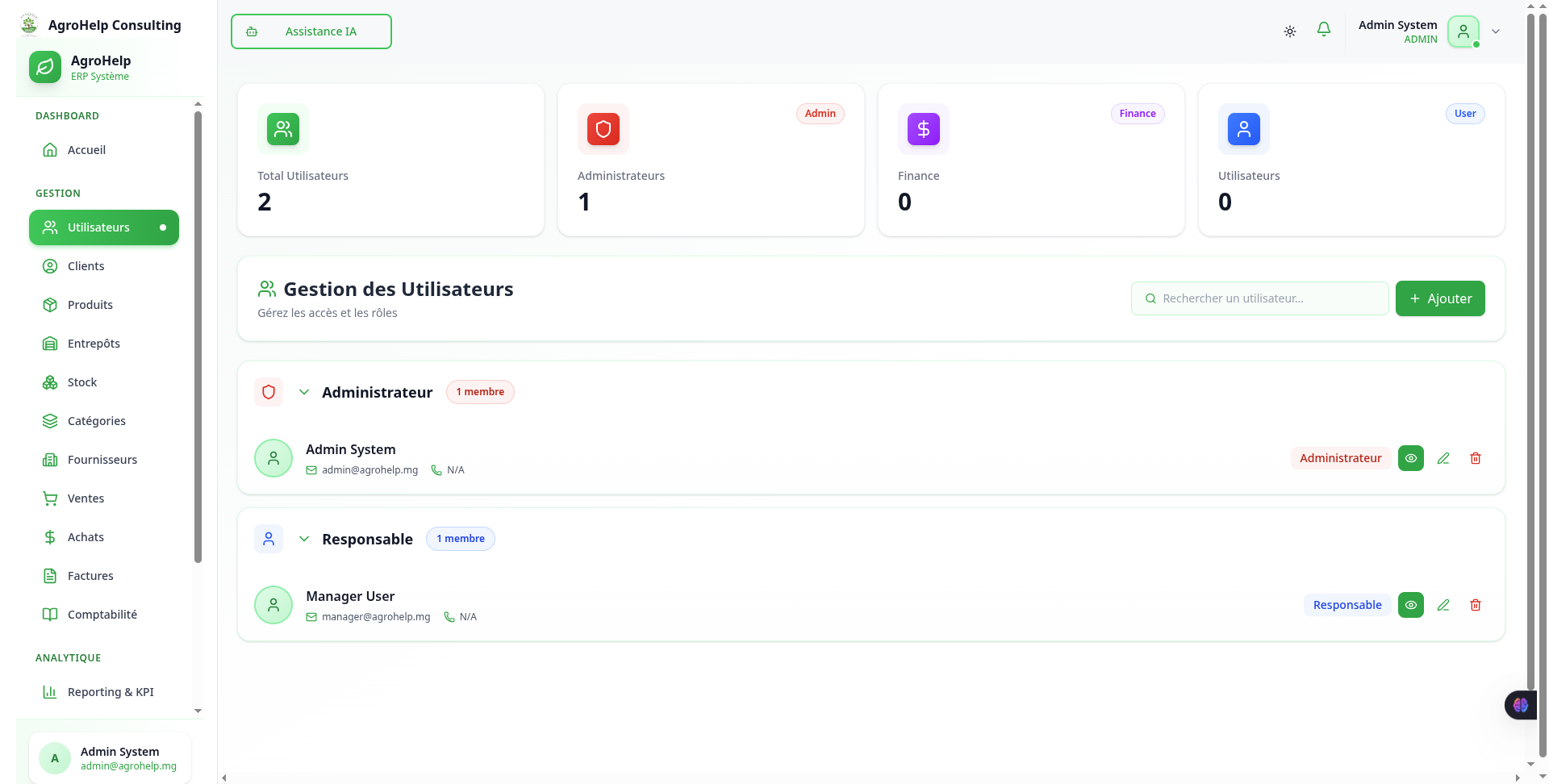 ERP AgroHelp Consulting - Liste utilisateurs